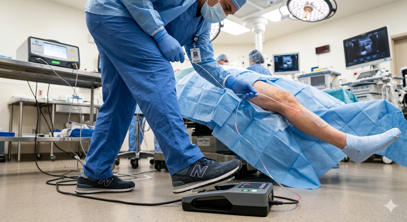 a surgeon's foot on the switch and their hand guiding a radial fiber